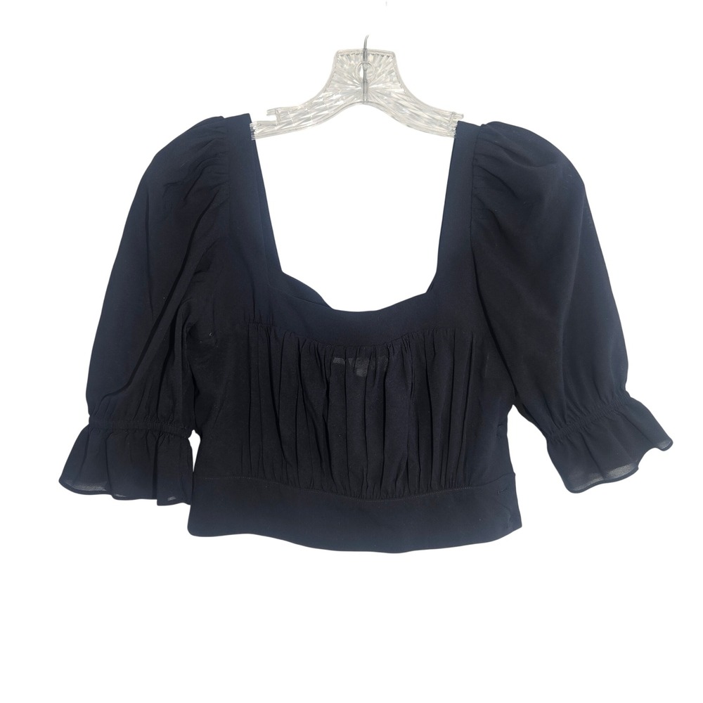 Stone Cold Fox Size‎ 0Black 100% Silk Square Neck Puff Sleeve Light Crop Top